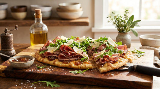 Peppered Ham & Arugula Flatbread with Opa's Boneless Peppered Ham