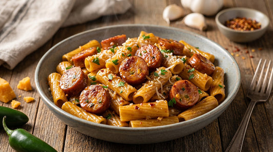 Sticky Honey Garlic Sausage Pasta with Opa's Jalapeño Cheddar