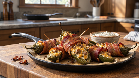 Sausage-Stuffed Jalapeños Wrapped in Opa's Peppered Bacon
