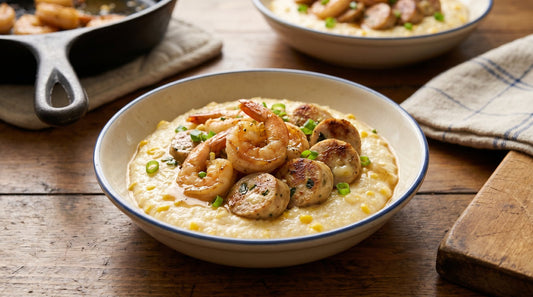 Southern Shrimp & Corn Grits Bowl with Opa's Chicken Sausage