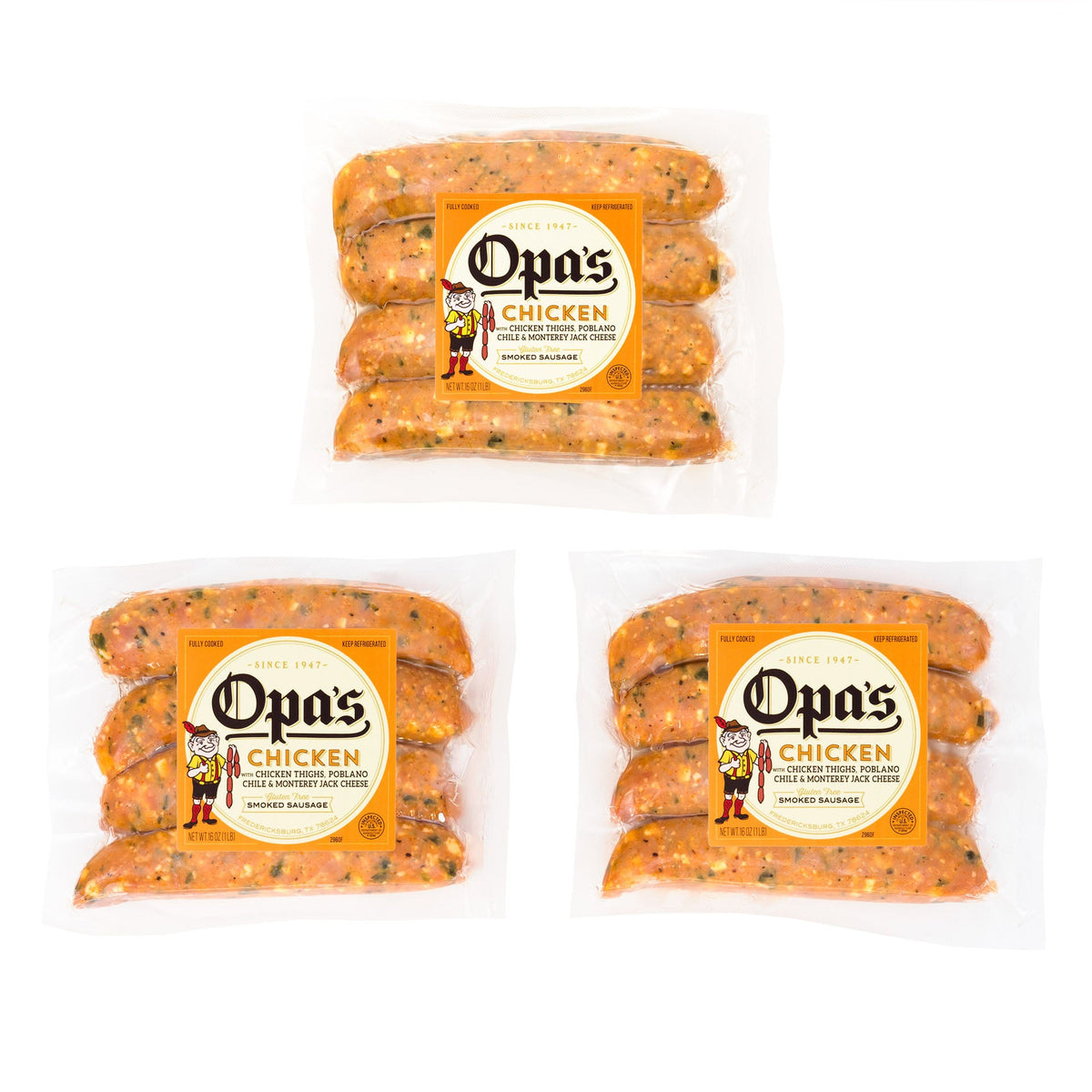 Three 1 lb packages of Opa's Chicken Poblano Monterey Jack Smoked Sausage