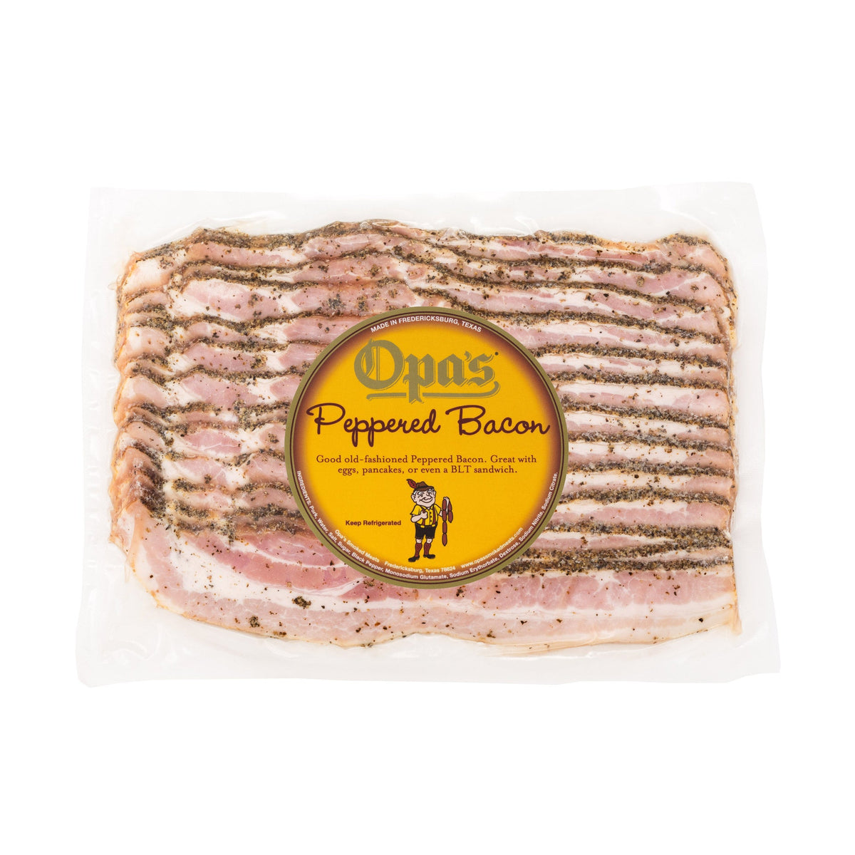 Opa's Smoked Peppered Bacon in its 1 lb package