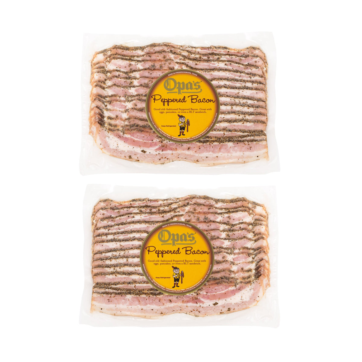 Two 1 lb packages of Opa's Smoked Peppered Bacon