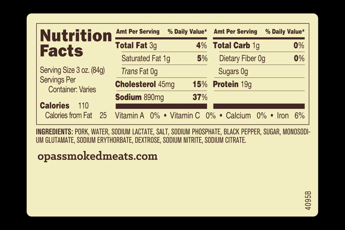 Nutrition facts and ingredients panel for Opa's Boneless Peppered Ham