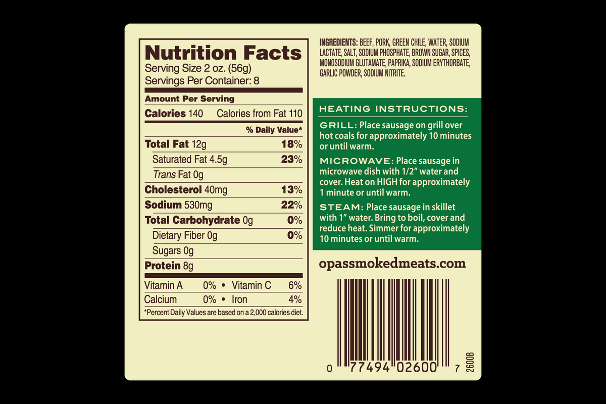 Nutrition facts panel for Opa's Hatch Green Chile Smoked Sausage