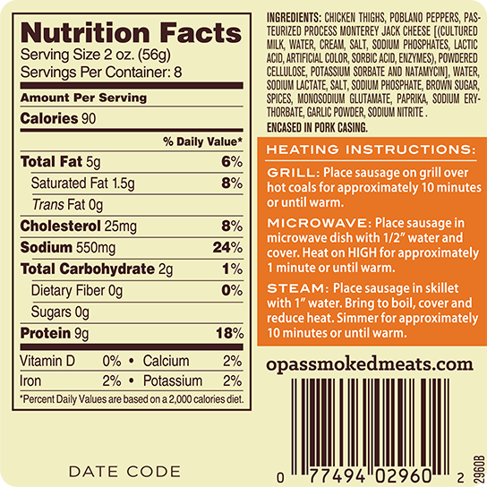Opa's Chicken Sausage with Poblano Chile and Monterey Jack Cheese