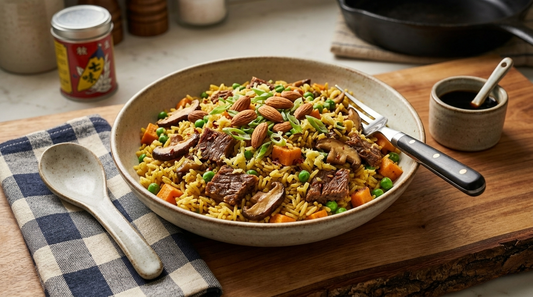 A bowl of curried rice with Opa's cured smoked beef, shiitake mushrooms, sweet potato, peas, and almonds, with a spoon and fork on a wooden board.