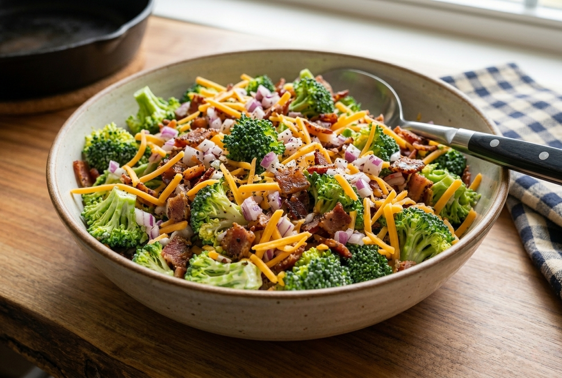 A bowl of broccoli salad with crumbled Opa's Peppered Bacon, shredded cheddar, and red onion in a creamy dressing, with a serving spoon.