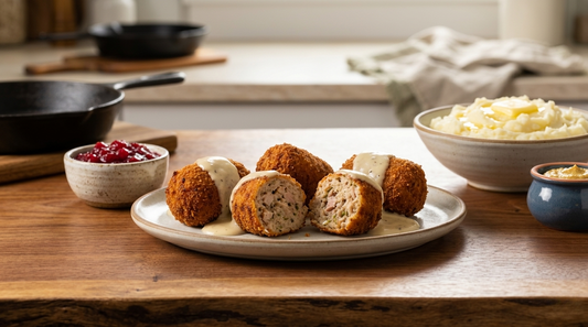 A plate of golden fried Opa's Smoked Turkey croquettes, one cut open to show the creamy filling, with cream sauce, cranberry sauce, and mashed potatoes alongside.