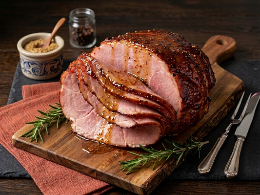 Opa's peppered bone-in spiral sliced half ham with a sweet mustard glaze, Fredericksburg, Texas