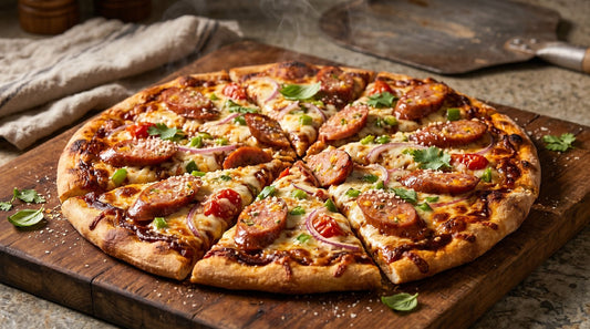 BBQ Smoked Sausage Pizza with Opa's Jalapeño Cheddar