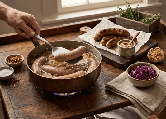 Opa's Premium Bratwurst simmering in a copper pan of beer and onions over a flame, with grilled, sliced brats, mustard, and red cabbage alongside.