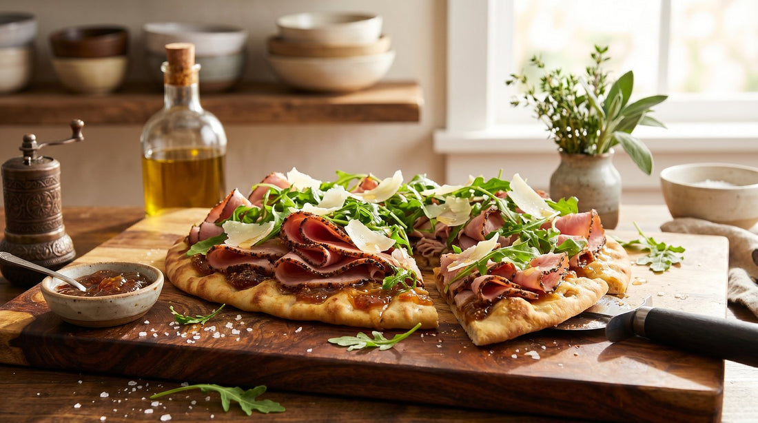Peppered ham and arugula flatbread with Opa's Boneless Peppered Ham, fig preserves, baby arugula, and shaved Parmesan on a board
