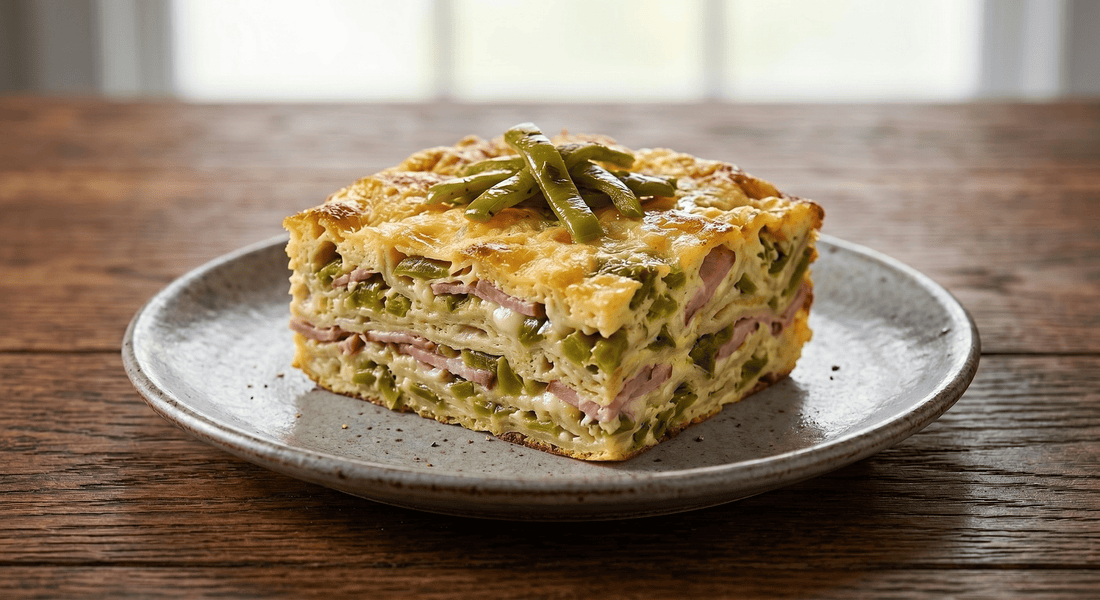 A slice of green chile strata layered with flour tortillas, Opa's Canadian bacon, green chiles, and melted Monterey Jack on a plate on a wooden table.