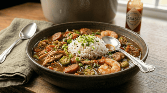 A bowl of gumbo with sliced Opa's smoked sausage, chicken, shrimp, and okra over white rice, scallions on top, with a spoon and hot sauce on a wooden table.