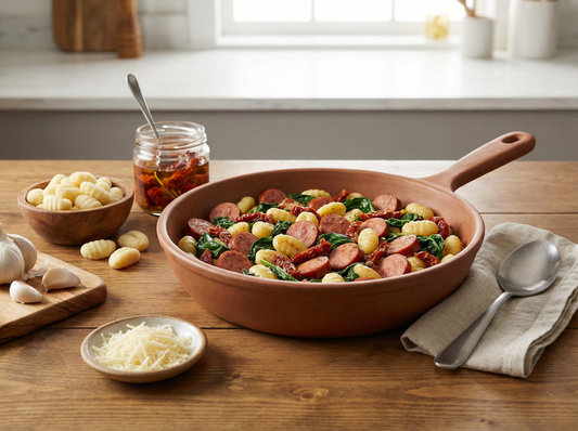 Opa's Hatch green chile smoked sausage with gnocchi, sun-dried tomatoes, and spinach, Fredericksburg, Texas