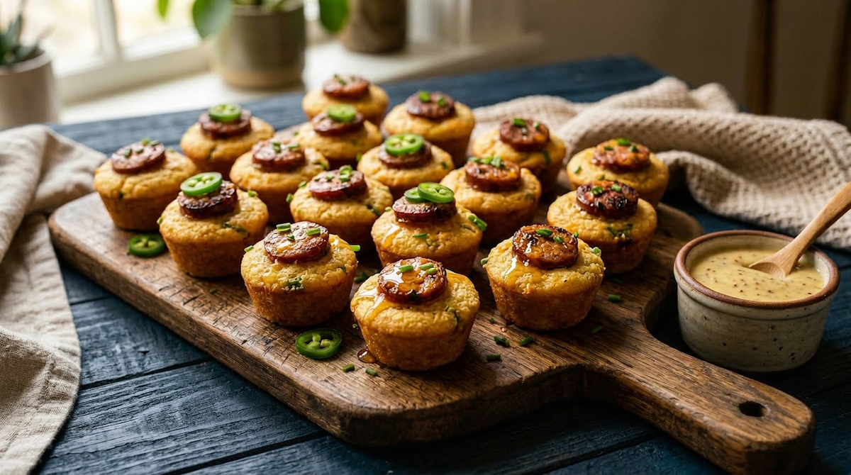 Opa's Jalapeño Cheddar smoked sausage cornbread poppers with hot honey drizzle, Fredericksburg, Texas