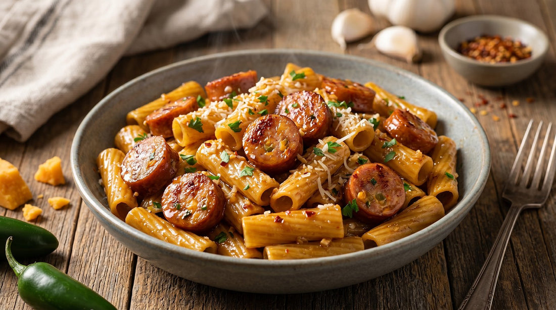 Sticky honey garlic sausage pasta with Opa's Jalapeño Cheddar in a glossy glaze, Fredericksburg, Texas