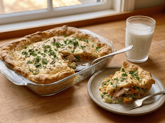 A baked smoked chicken pot pie with a golden herb crust in a glass dish, a slice served on a plate showing the creamy chicken-and-vegetable filling.