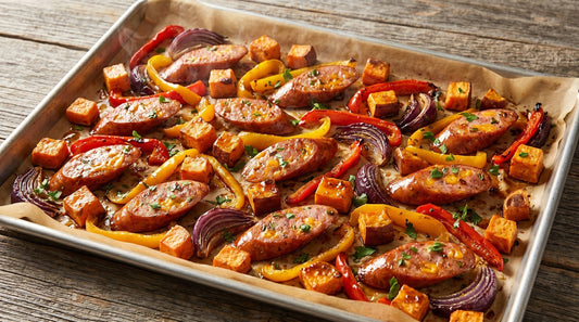 Sheet Pan Sausage & Sweet Potatoes with Opa's Jalapeño Cheddar