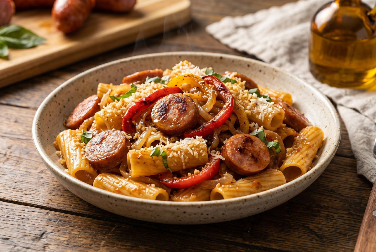 Sweet Pepper & Sausage Pasta with Opa's Country Blend - Opa's Smoked Meats