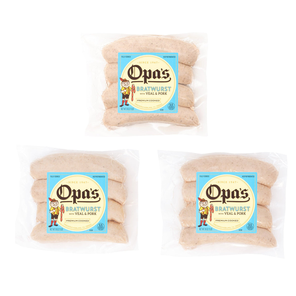 Three 1 lb packages of Opa's Bratwurst