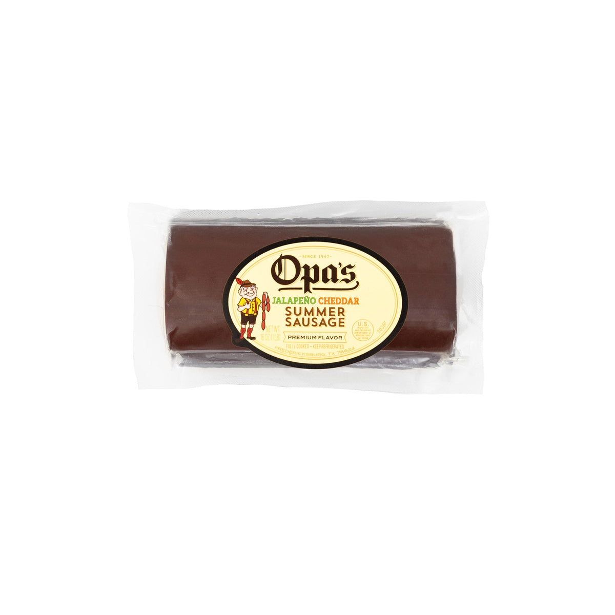 Opa's Jalapeño Cheddar Summer Sausage chub in its package