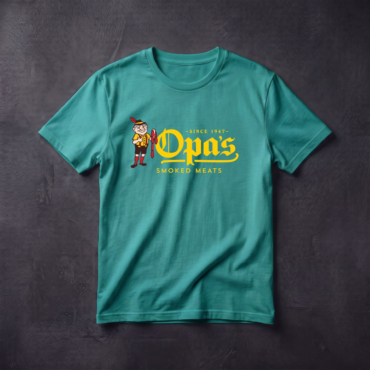 Teal T-shirt with the Opa's logo
