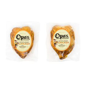 Two Opa's whole smoked chickens in their packages