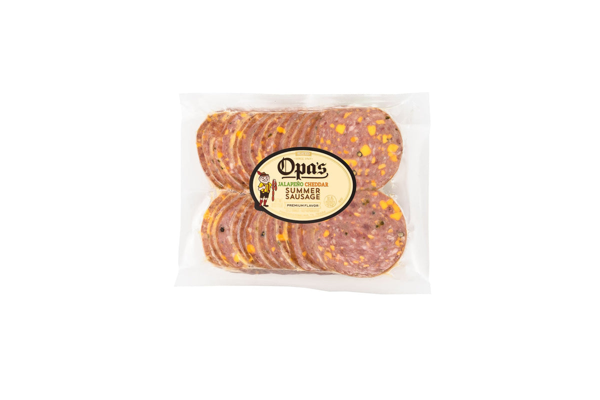 Opa's Jalapeño Cheddar Summer Sausage, pre-sliced, in its package