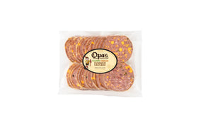 Opa's Jalapeño Cheddar Summer Sausage, pre-sliced, in its package