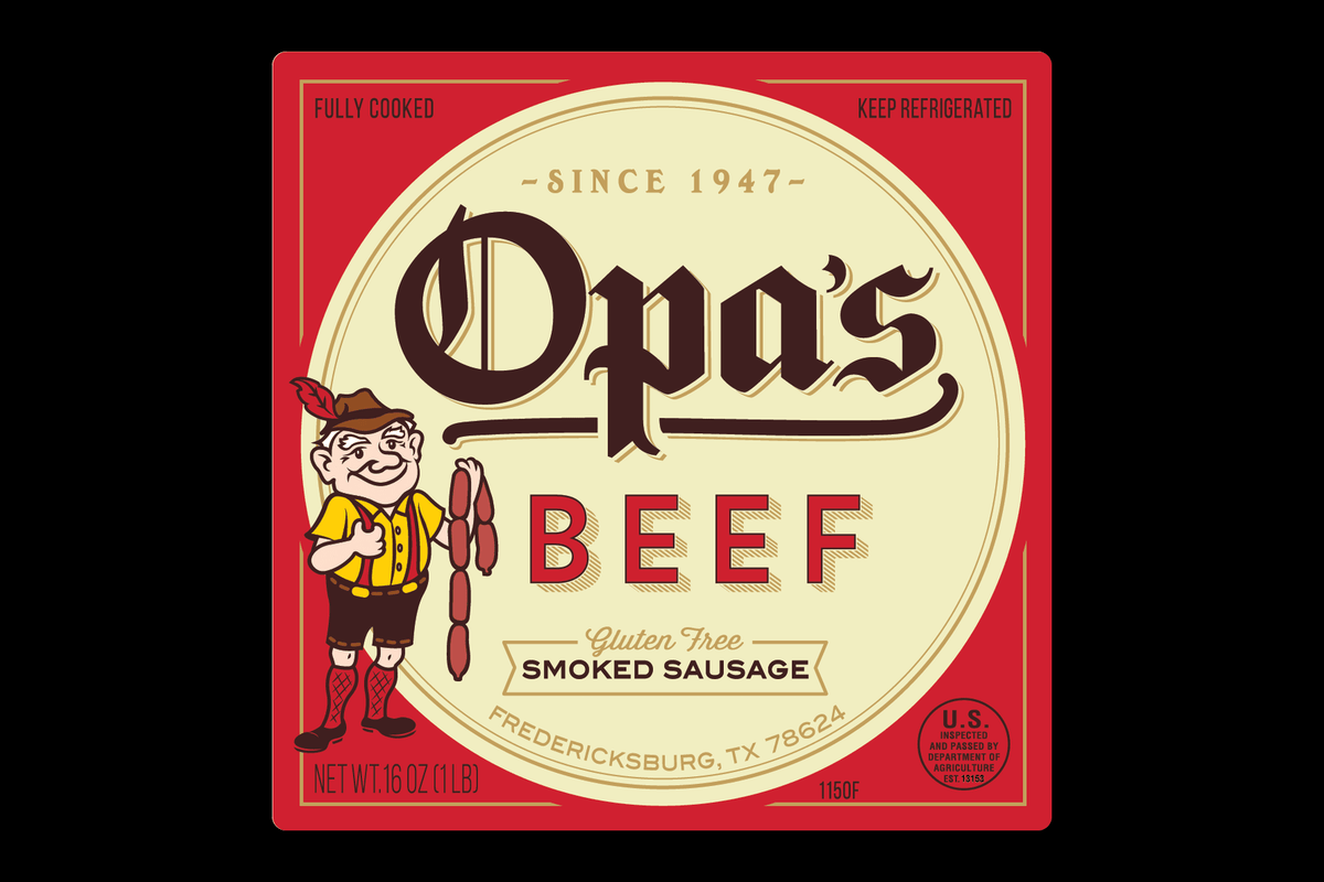 Opa's Beef Smoked Sausage package label