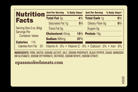 Nutrition facts and ingredients panel for Opa's Boneless Peppered Ham