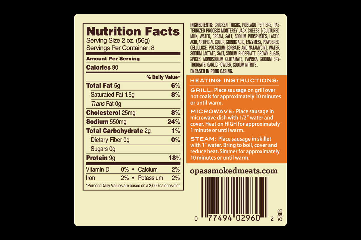 Nutrition facts panel for Opa's Chicken Poblano Monterey Jack Smoked Sausage