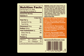 Nutrition facts panel for Opa's Chicken Poblano Monterey Jack Smoked Sausage
