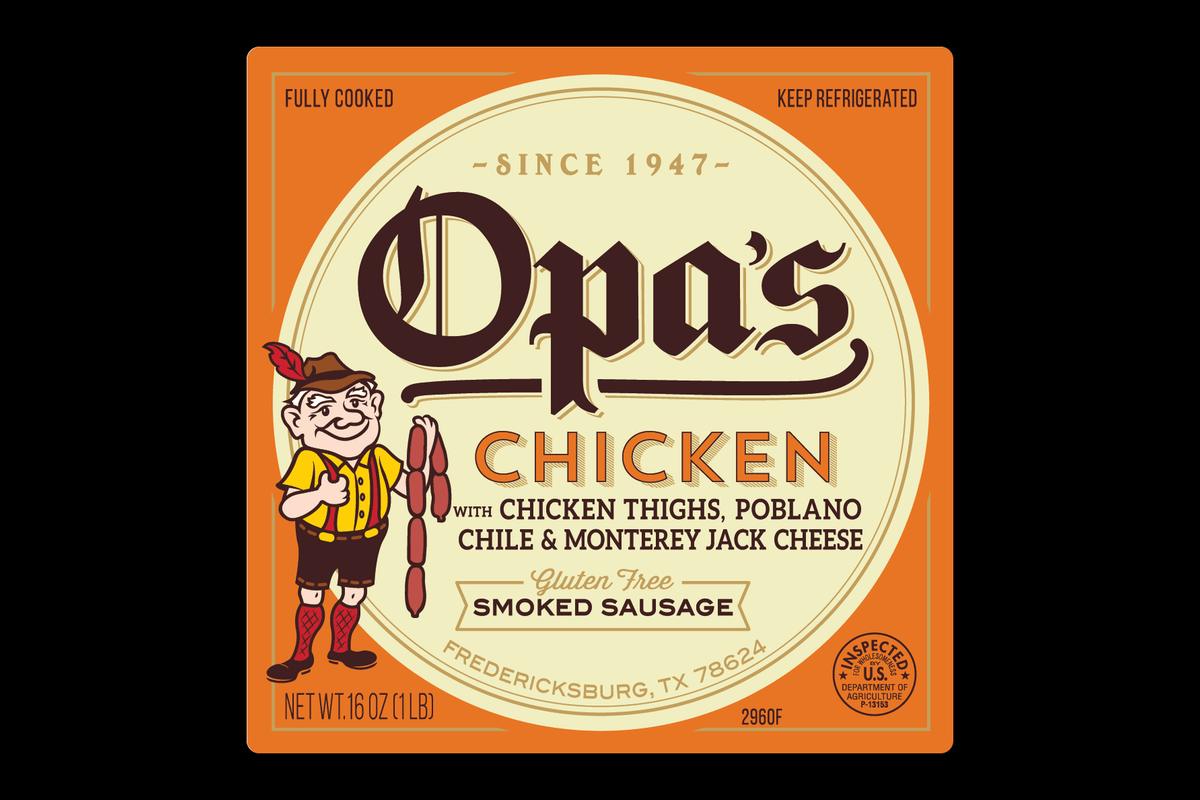 Opa's Chicken Poblano Monterey Jack Smoked Sausage package label