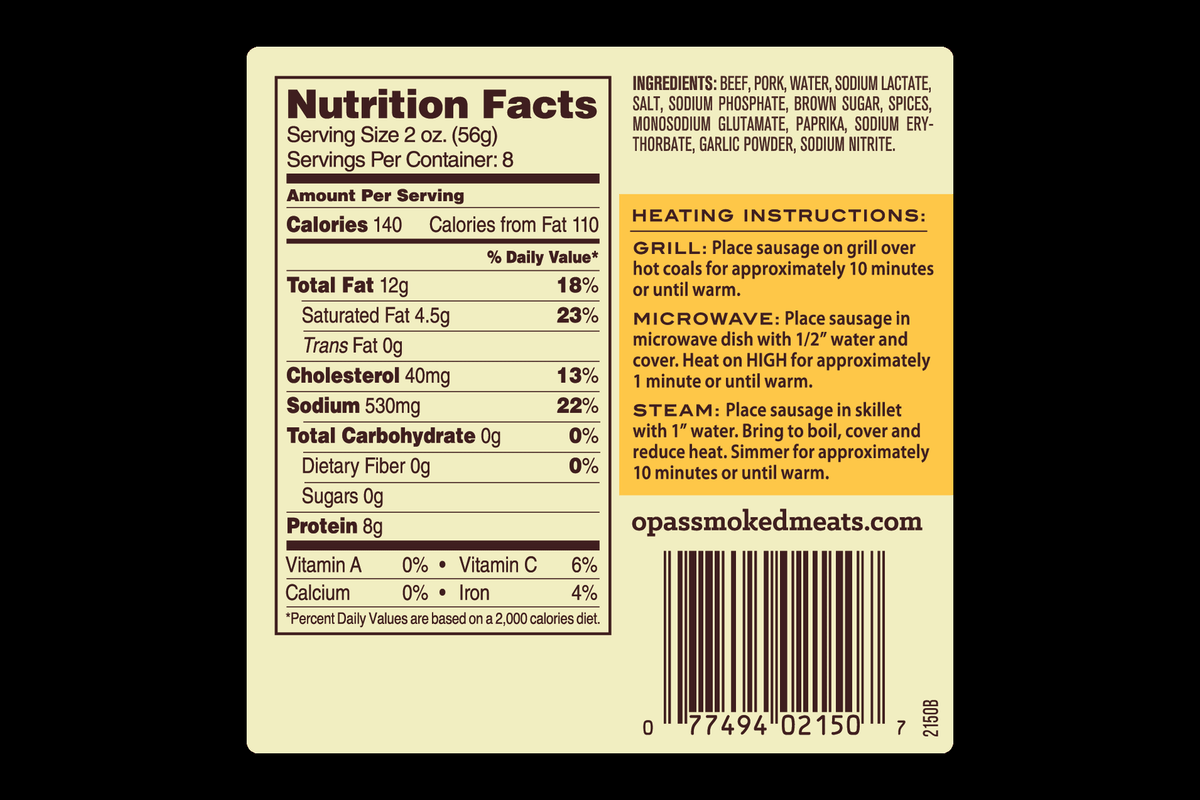 Nutrition facts panel for Opa's Country Blend Smoked Sausage