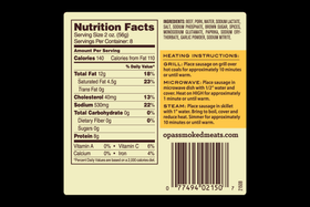 Nutrition facts panel for Opa's Country Blend Smoked Sausage