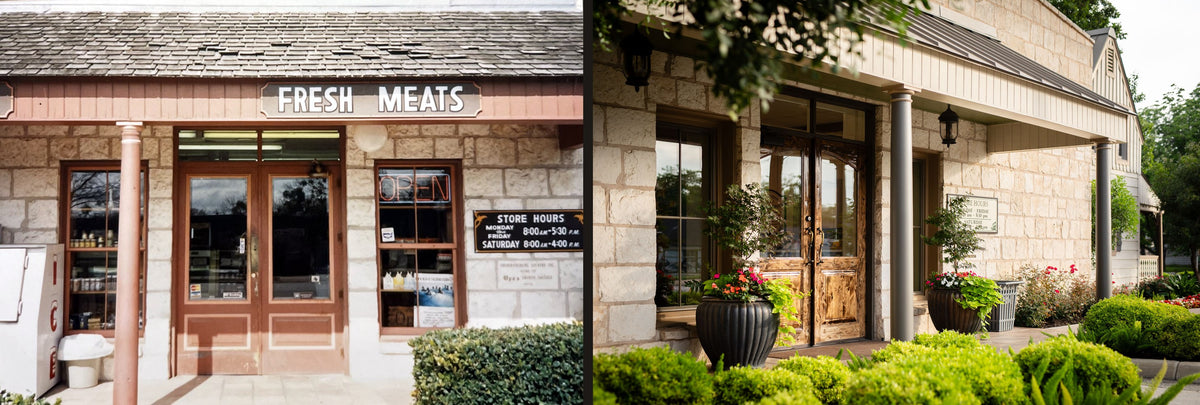 Opa's entrance then and now: the old Fresh Meats storefront beside today's entrance, with the same store hours on both signs