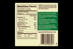 Nutrition facts panel for Opa's Hatch Green Chile Smoked Sausage