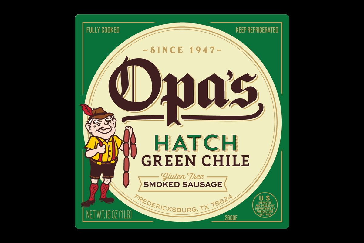 Opa's Hatch Green Chile Smoked Sausage package label