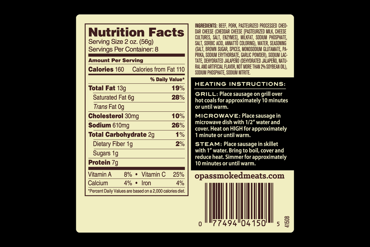 Nutrition facts panel for Opa's Jalapeño Cheddar Smoked Sausage