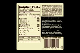 Nutrition facts panel for Opa's Jalapeño Cheddar Smoked Sausage