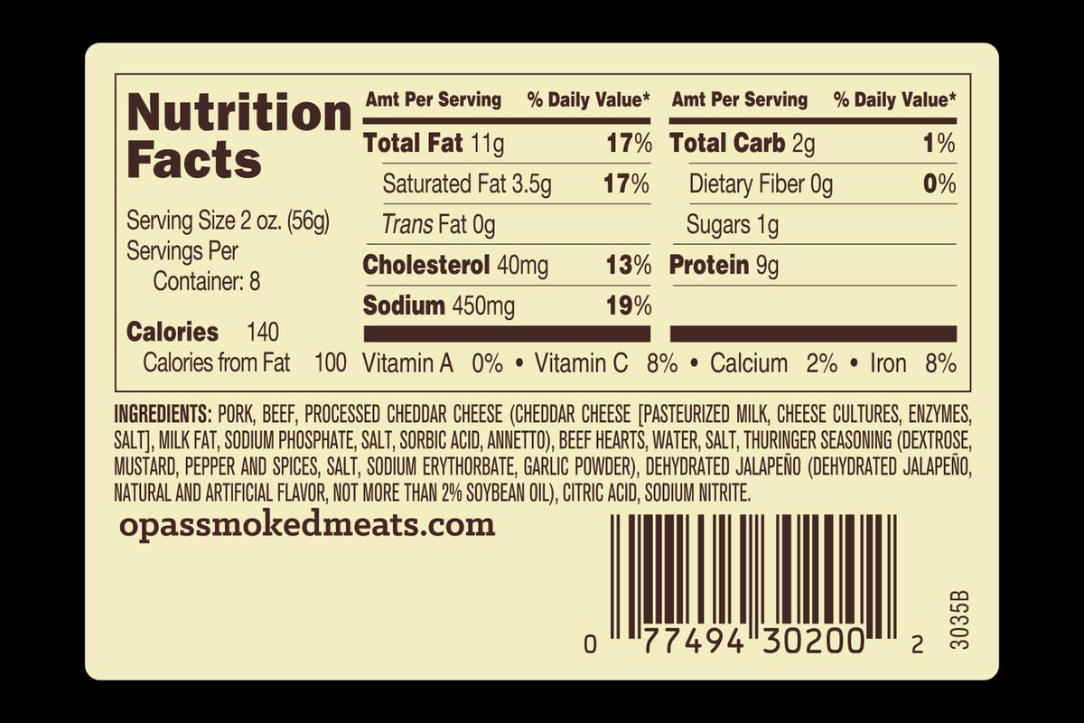 Nutrition facts and ingredients panel for Opa's Jalapeño Cheddar Summer Sausage