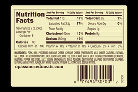 Nutrition facts and ingredients panel for Opa's Jalapeño Cheddar Summer Sausage