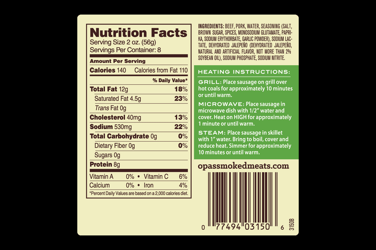 Nutrition facts panel for Opa's Jalapeño Smoked Sausage
