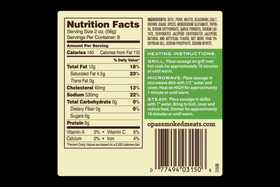Nutrition facts panel for Opa's Jalapeño Smoked Sausage