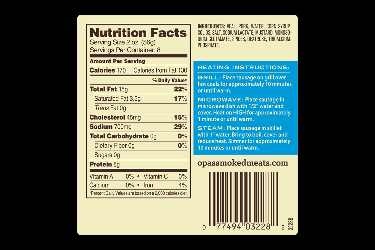 Nutrition facts panel for Opa's Bratwurst