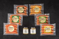 Everything in Opa's Sausage Sampler: six smoked sausages and two Fredericksburg Farms mustards
