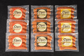 The nine packages in Opa's Sausage Trifecta: three each of Country Blend, Beef and Jalapeño Cheddar Smoked Sausage